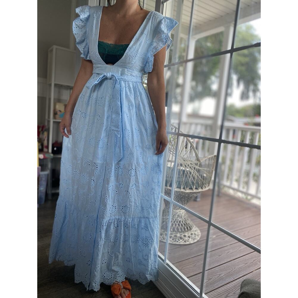 MALIBU BUM Sexy Light Blue Embroidered Eyelet Maxi Dress Cotton S